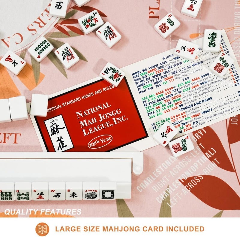 TANSOREX Mahjong Mat with Rules for Table,Travel Mahjong Set,Non-Slip and Silent,Comes with 2 Dice and 1 Coral Velvet Mahjong Mat Storage Bag,Mahjong Cards 2025(Pinky) - Image 5